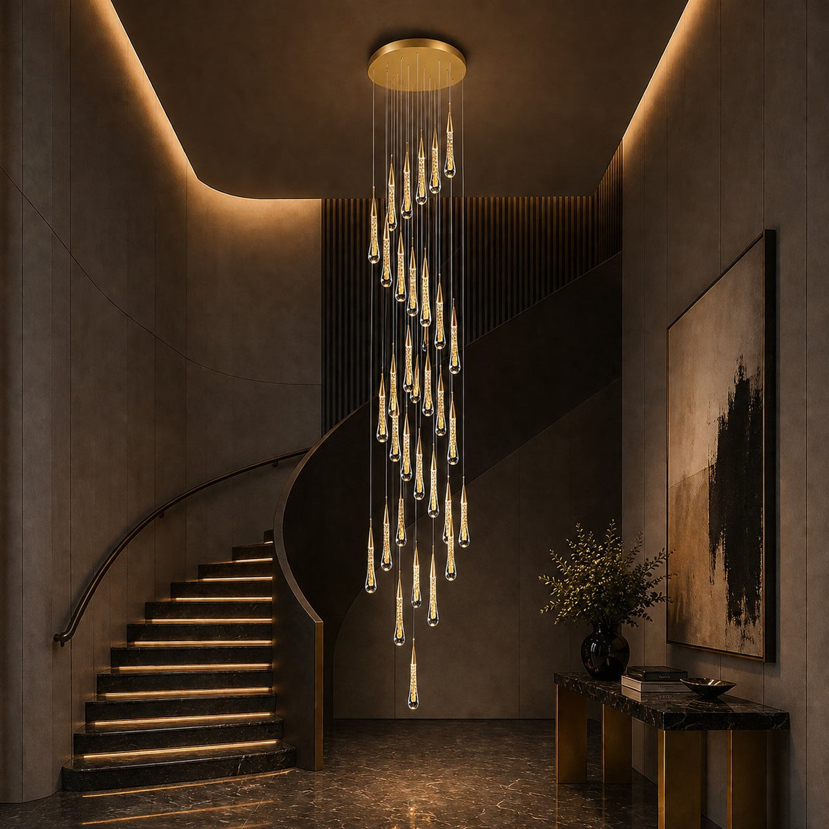 Long Crystal Pendant Cluster Chandelier 1 to 48 Heads Gold LED for Staircase
