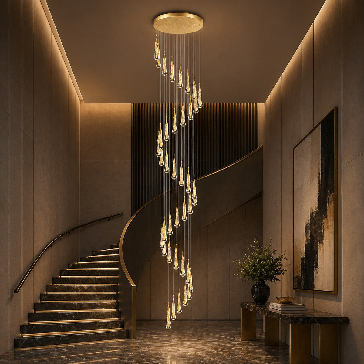 Long Crystal Pendant Cluster Chandelier 1 to 48 Heads Gold LED for Staircase
