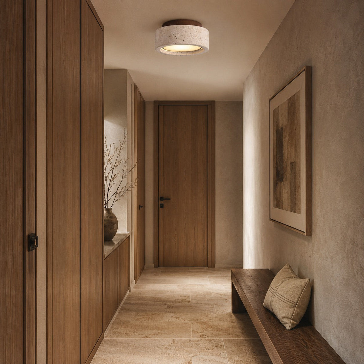 Travertine & Wood IP44 LED Flush Mount Ceiling Light for Entry & Covered Balcony