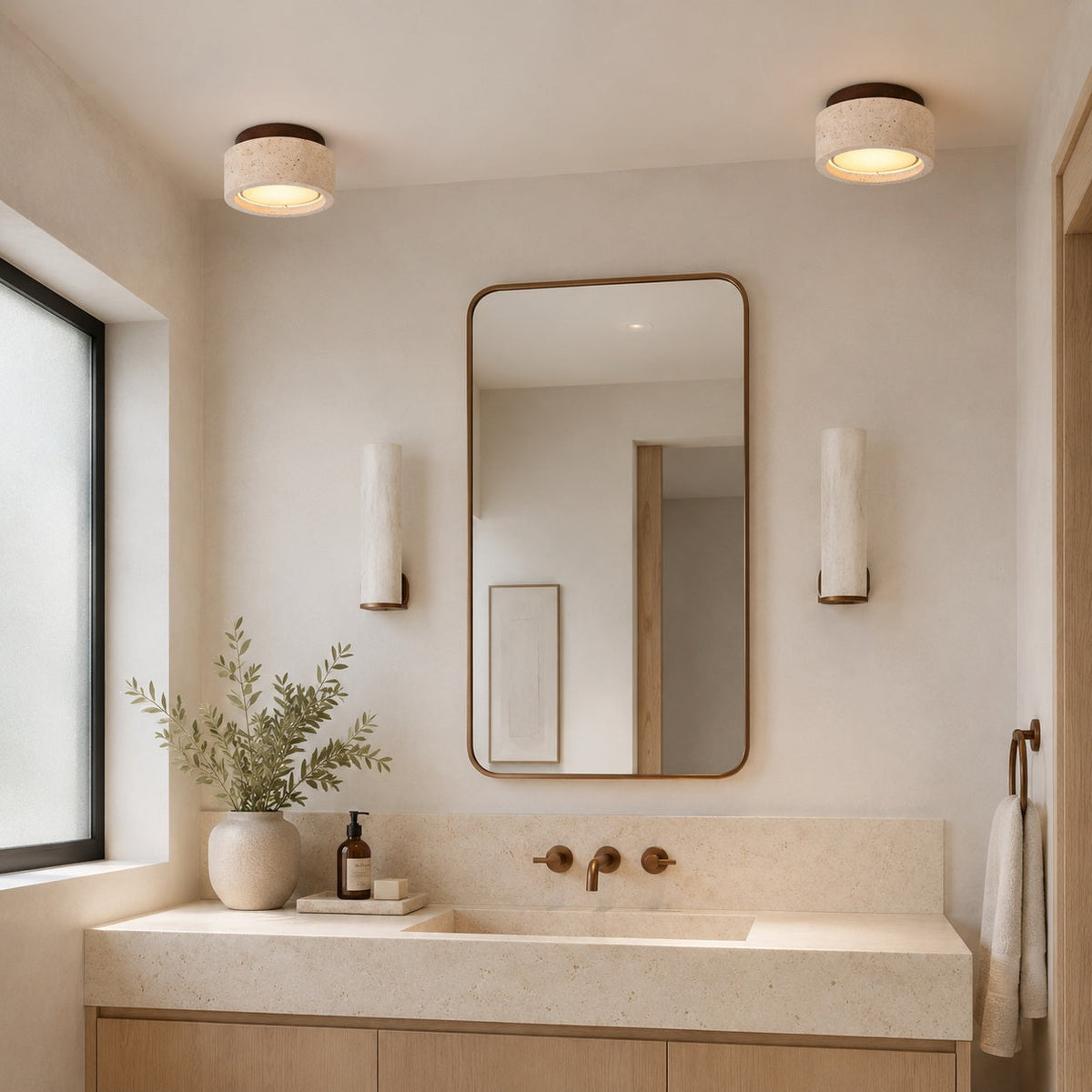 Travertine & Wood IP44 LED Flush Mount Ceiling Light for Entry & Covered Balcony