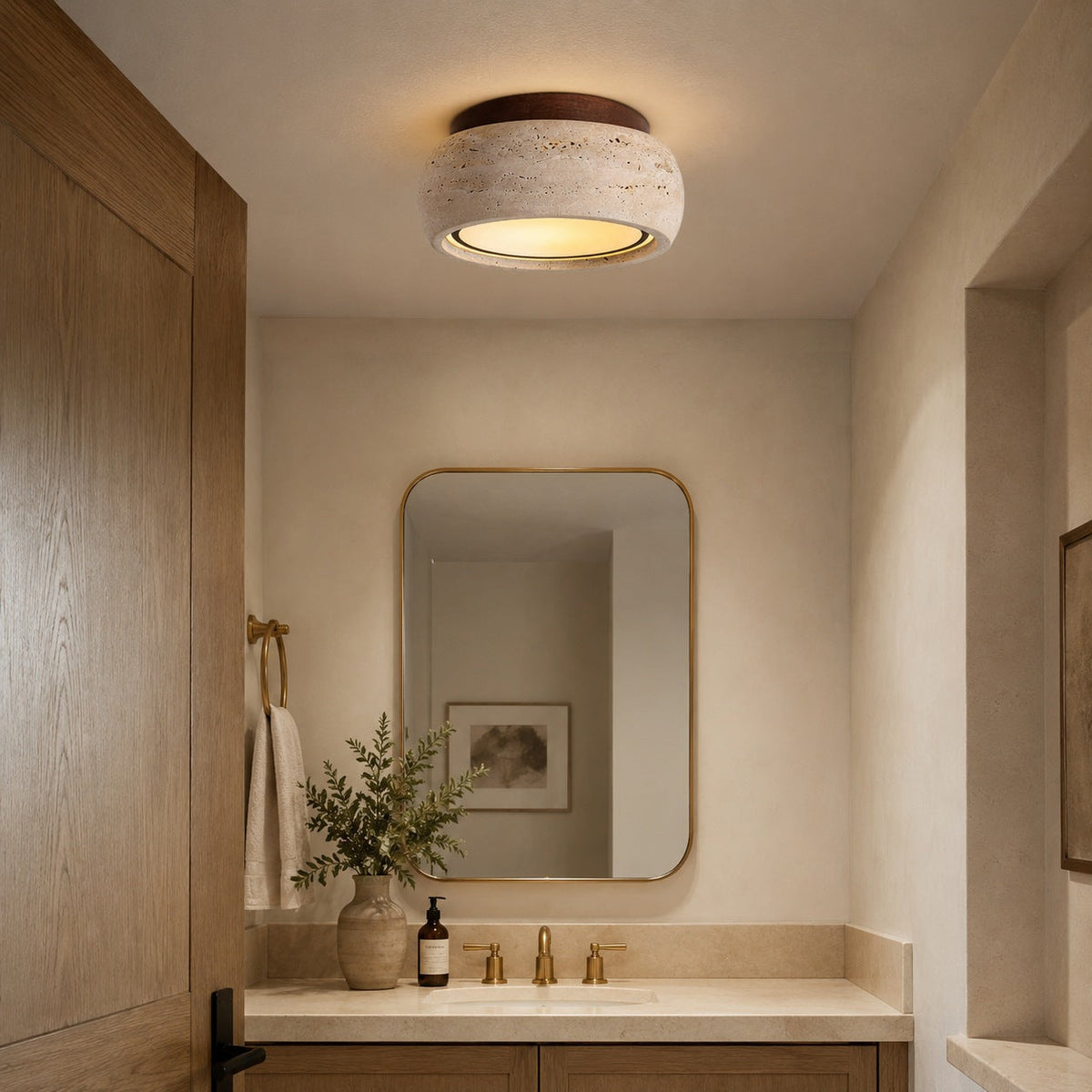 Travertine & Wood IP44 LED Flush Mount Ceiling Light for Entry & Covered Balcony