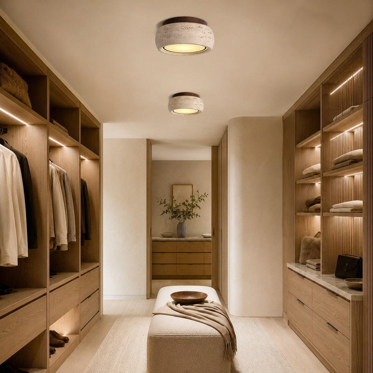 Travertine & Wood IP44 LED Flush Mount Ceiling Light for Entry & Covered Balcony