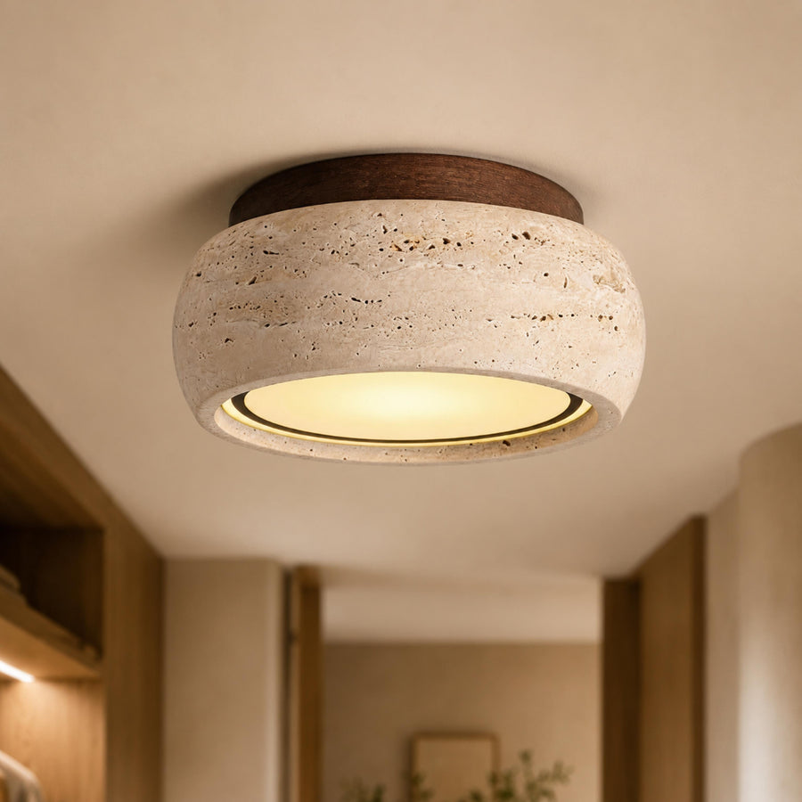 Travertine & Wood IP44 LED Flush Mount Ceiling Light for Entry & Covered Balcony