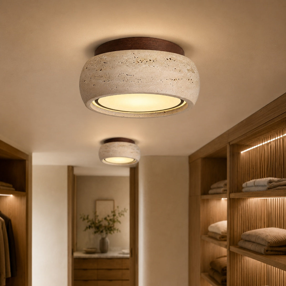 Travertine & Wood IP44 LED Flush Mount Ceiling Light for Entry & Covered Balcony