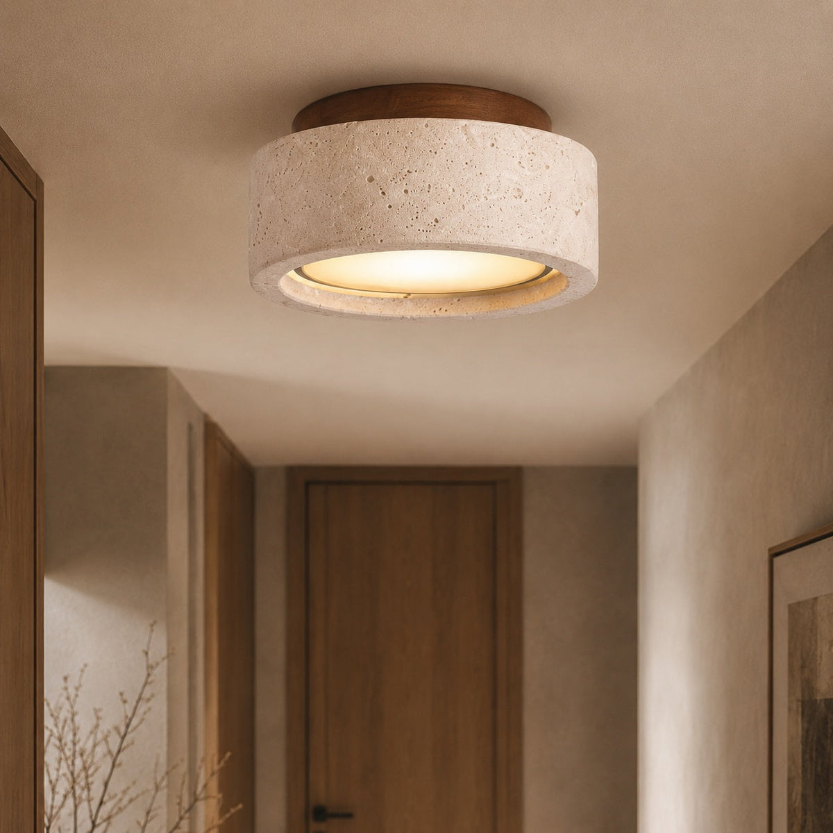 Travertine & Wood IP44 LED Flush Mount Ceiling Light for Entry & Covered Balcony