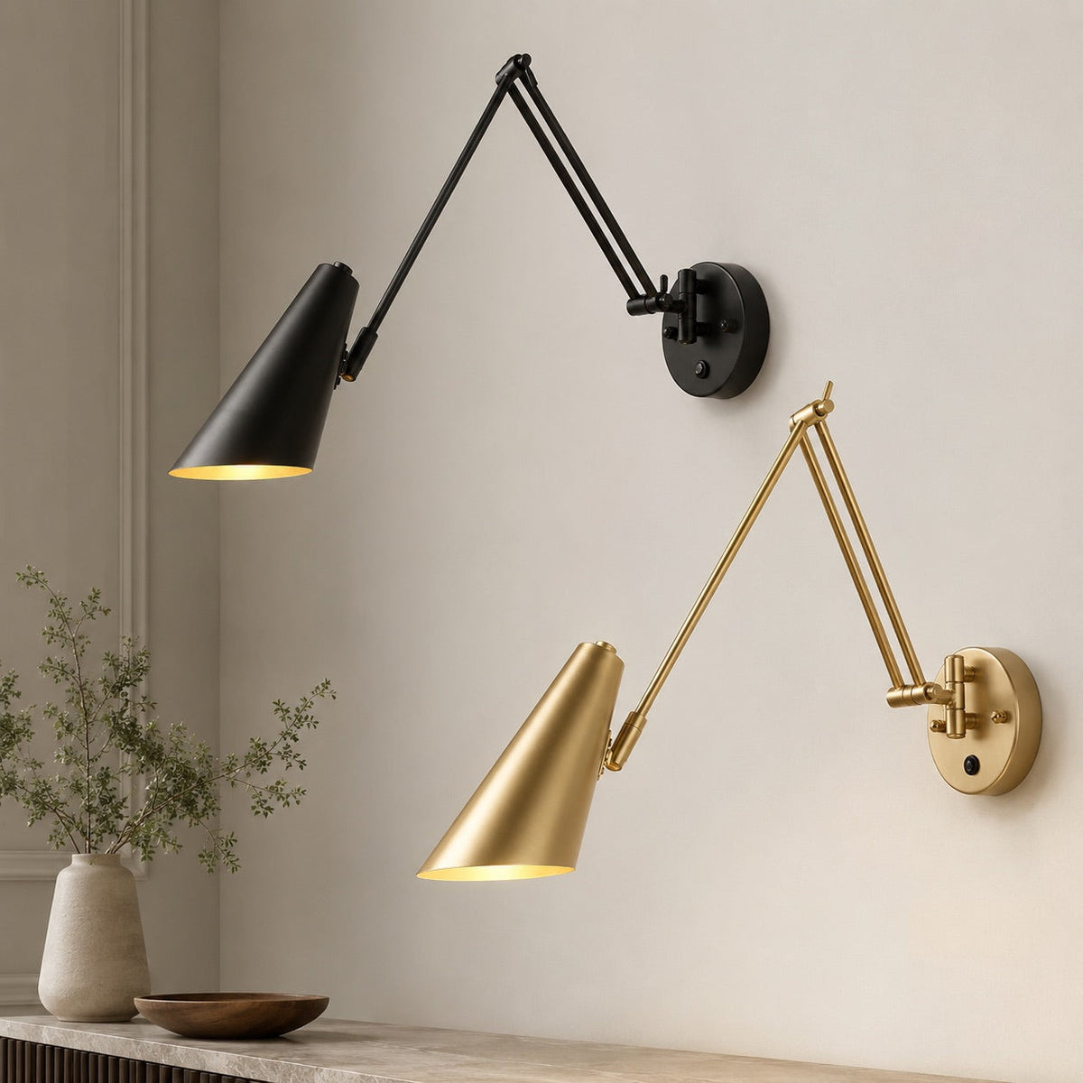 Matte Black & Gold Swing Arm Wall Light Hardwired Adjustable Reading Lamp