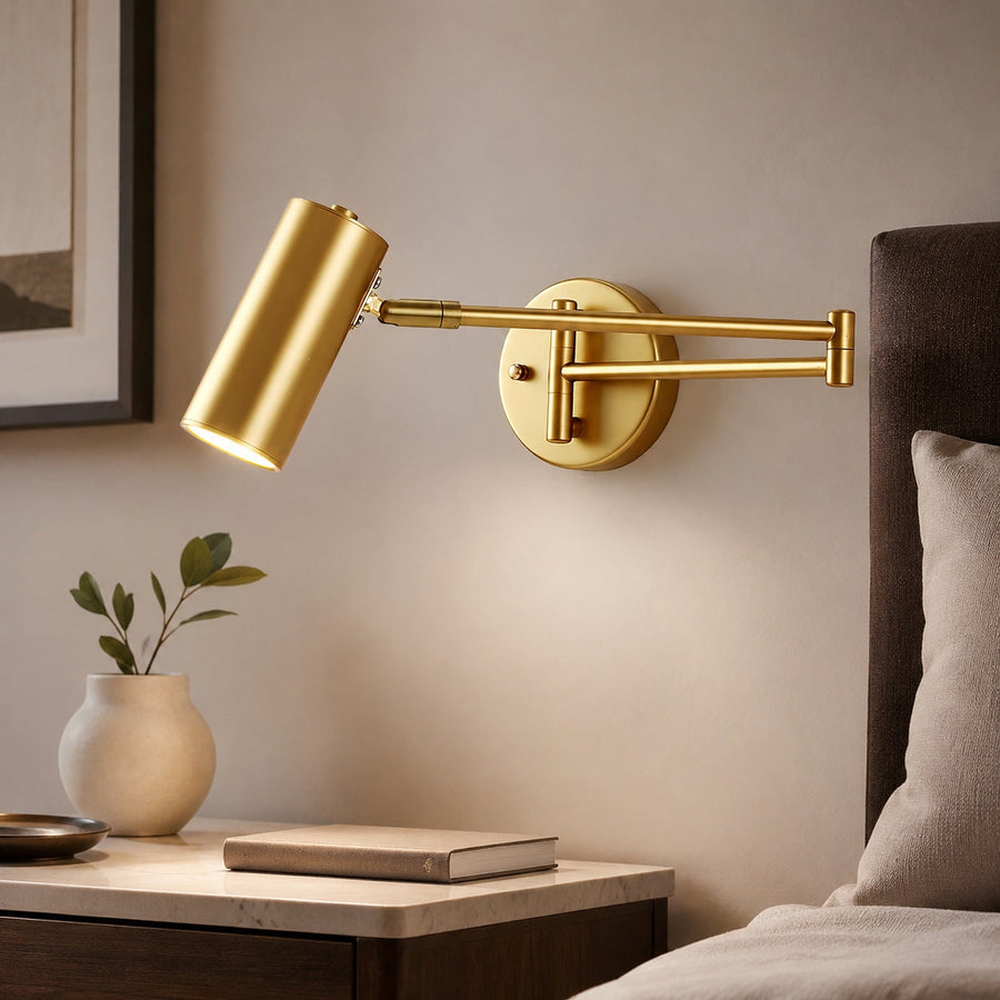 Compact Brass & Matte Black Swing Arm Sconce Button or Wall Switch Hardwired