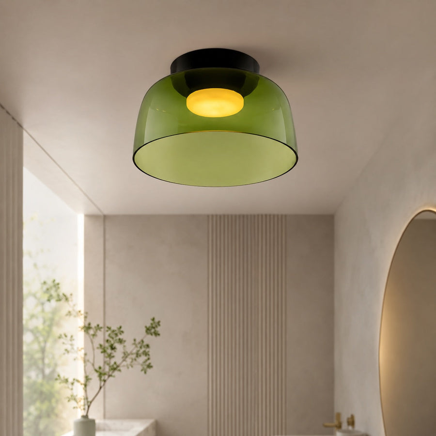 Coloured Glass LED Flush Mount Ceiling Light in Green Smoky Grey or Orange