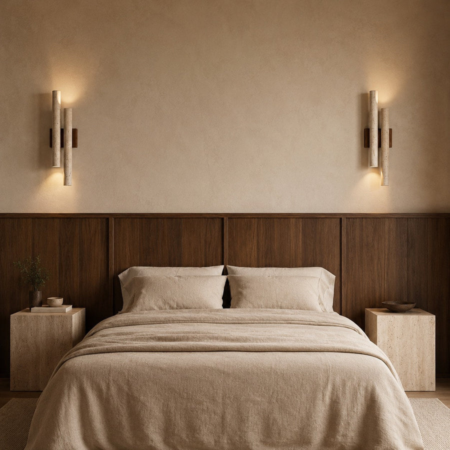 Travertine Shade Walnut Wall Light Tall G9 Hardwired Natural Stone Sconce