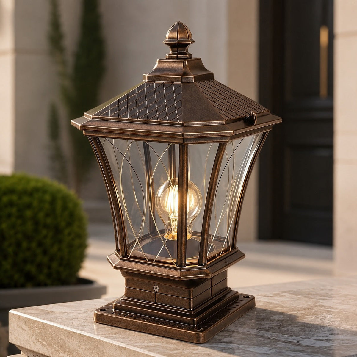 Carved Octagonal Glass Solar Post Light in Black or Bronze 5W LED Remote IP65