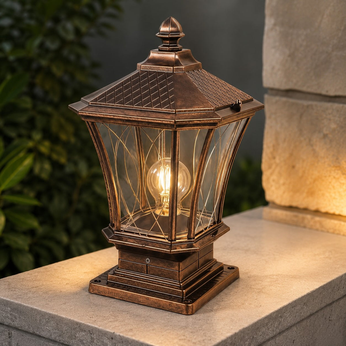 Carved Octagonal Glass Solar Post Light in Black or Bronze 5W LED Remote IP65