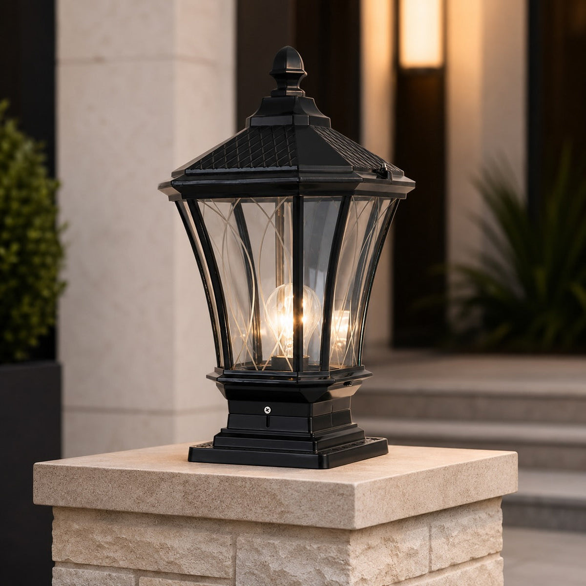 Carved Octagonal Glass Solar Post Light in Black or Bronze 5W LED Remote IP65