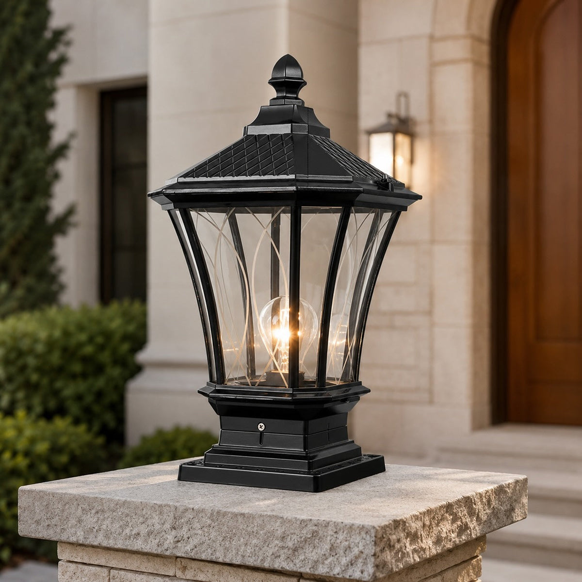 Carved Octagonal Glass Solar Post Light in Black or Bronze 5W LED Remote IP65