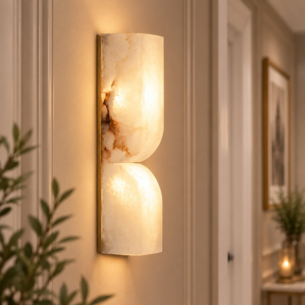 Carved Alabaster Pinched LED Wall Sconce 35 60 or 90 cm Gold Black or Nickel