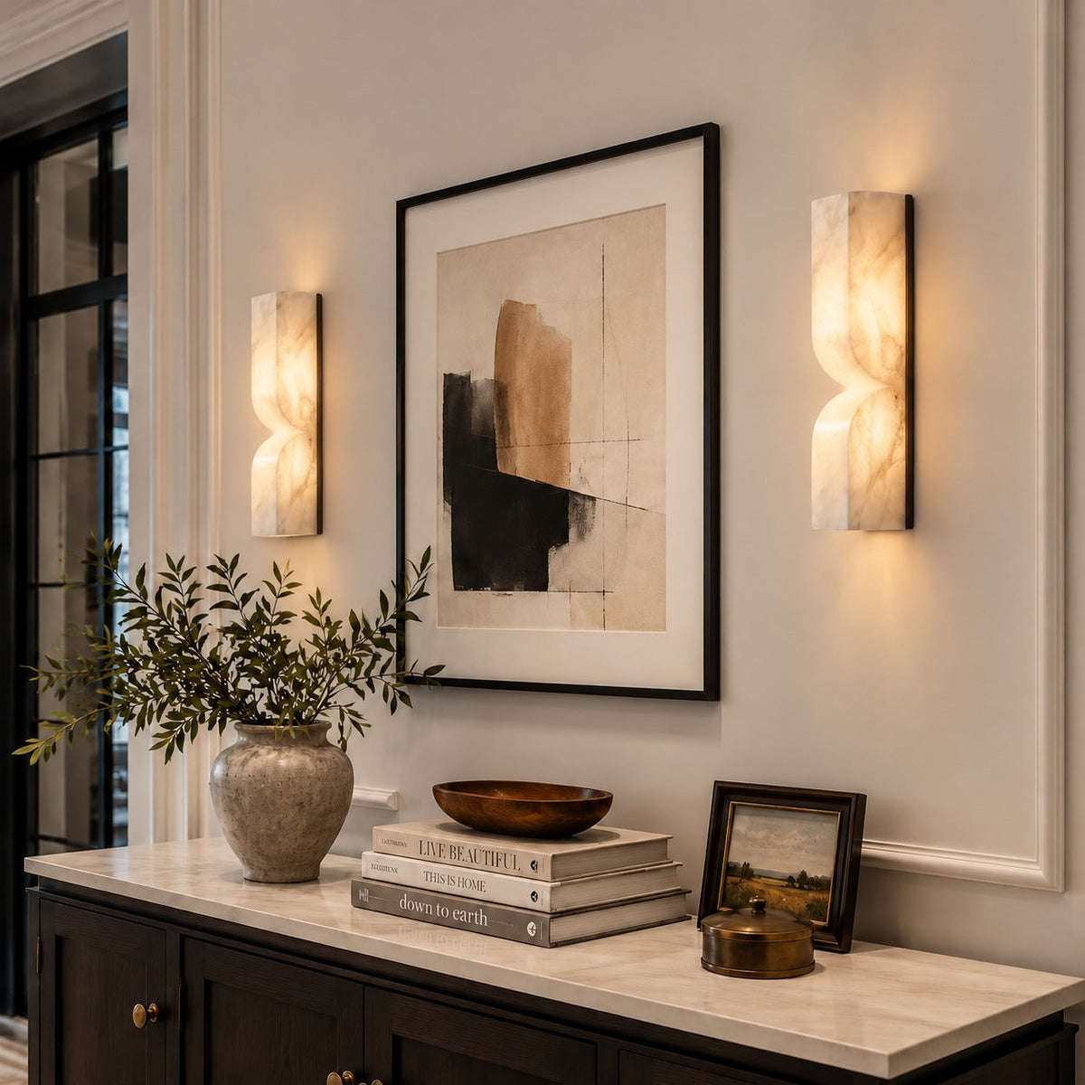 Carved Alabaster Pinched LED Wall Sconce 35 60 or 90 cm Gold Black or Nickel
