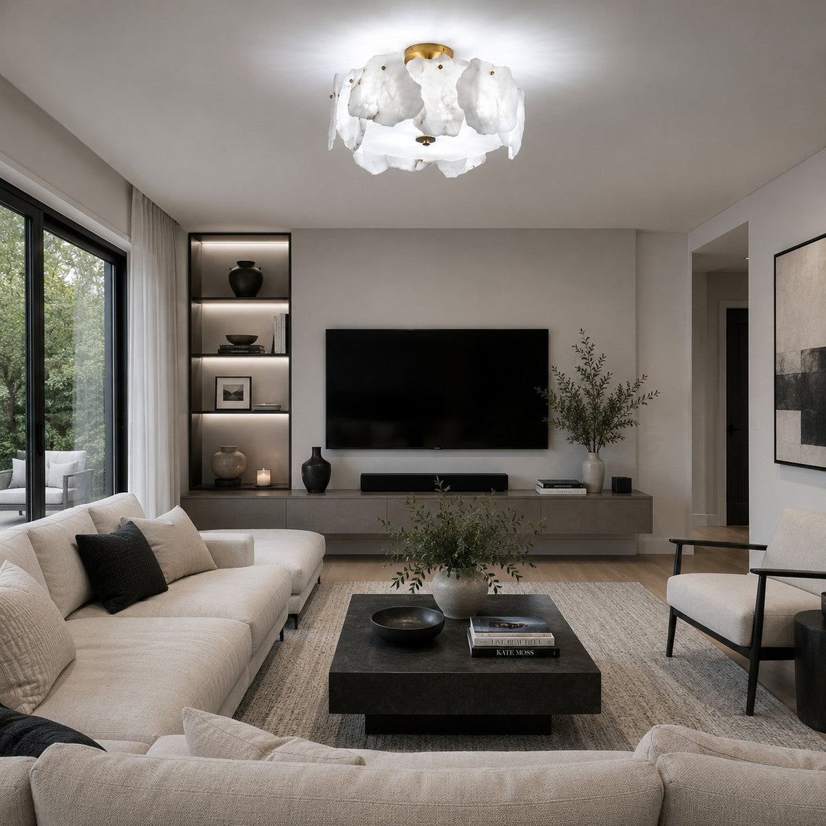 Alabaster Petal Flush Mount Ceiling Light with Copper Base for Living Room 50 cm