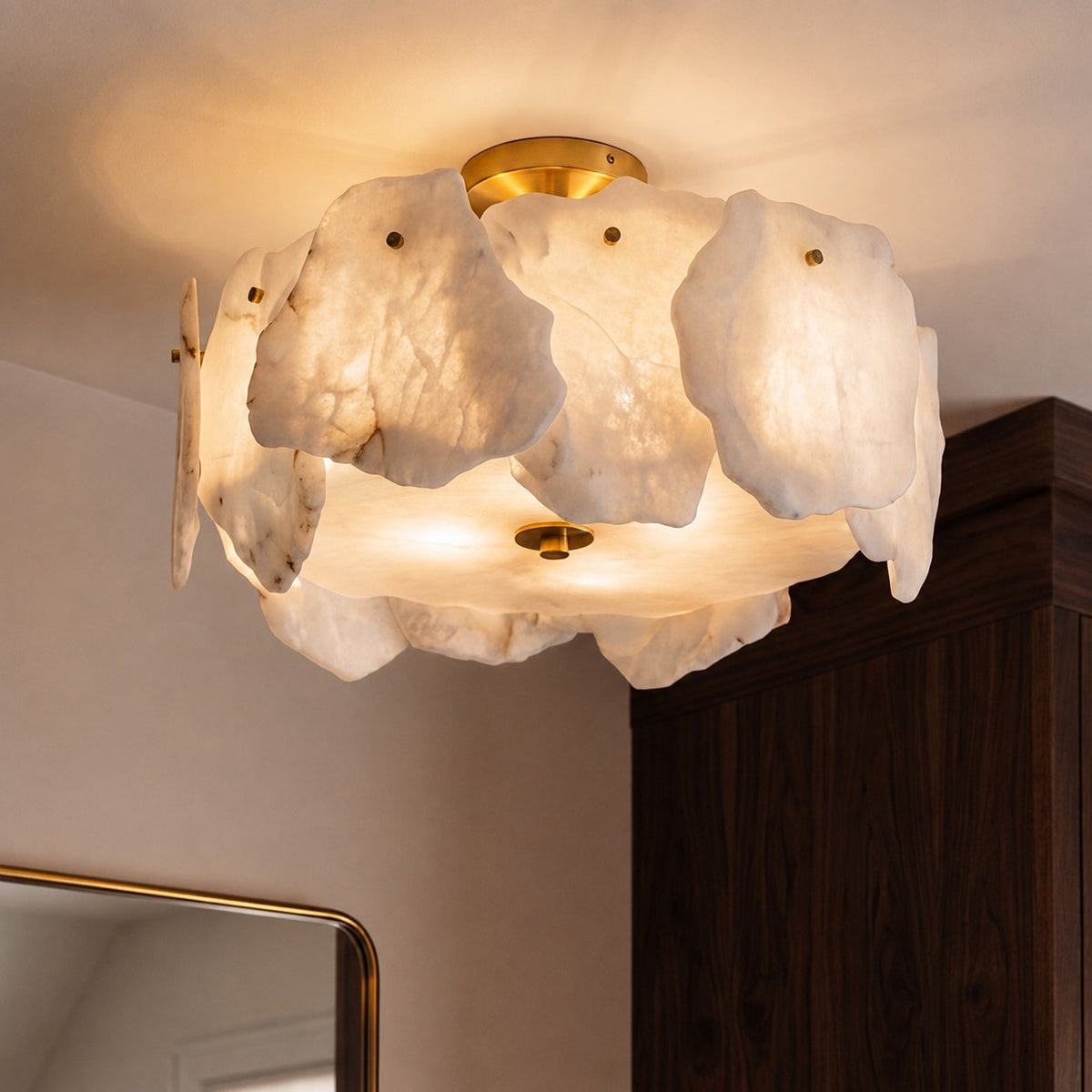 Alabaster Petal Flush Mount Ceiling Light with Copper Base for Living Room 50 cm