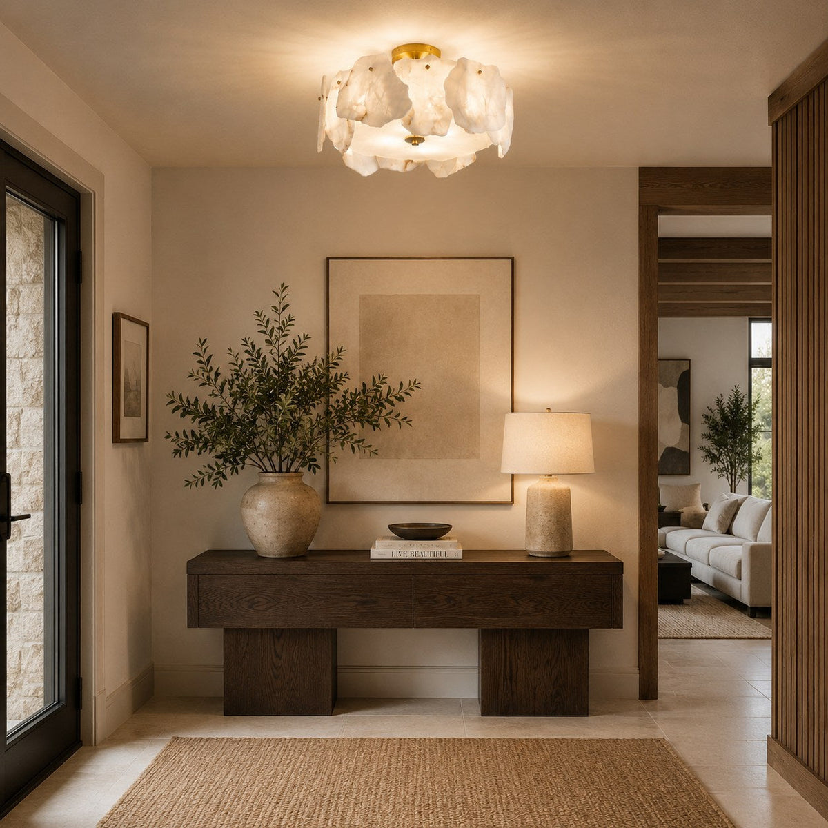 Alabaster Petal Flush Mount Ceiling Light with Copper Base for Living Room 50 cm