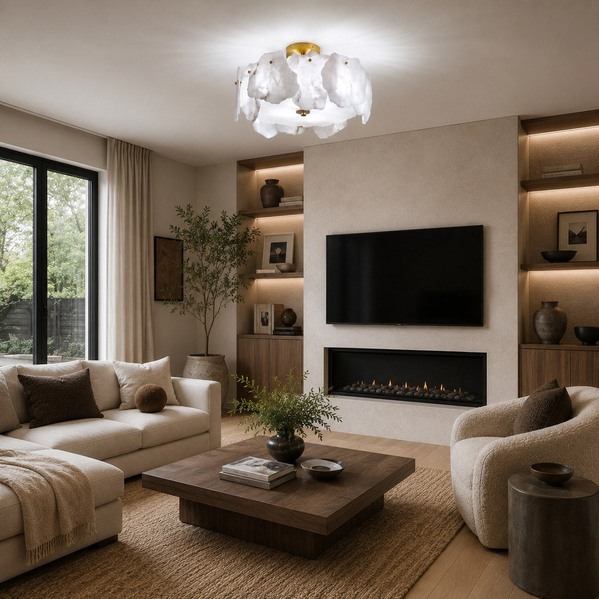 Alabaster Petal Flush Mount Ceiling Light with Copper Base for Living Room 50 cm