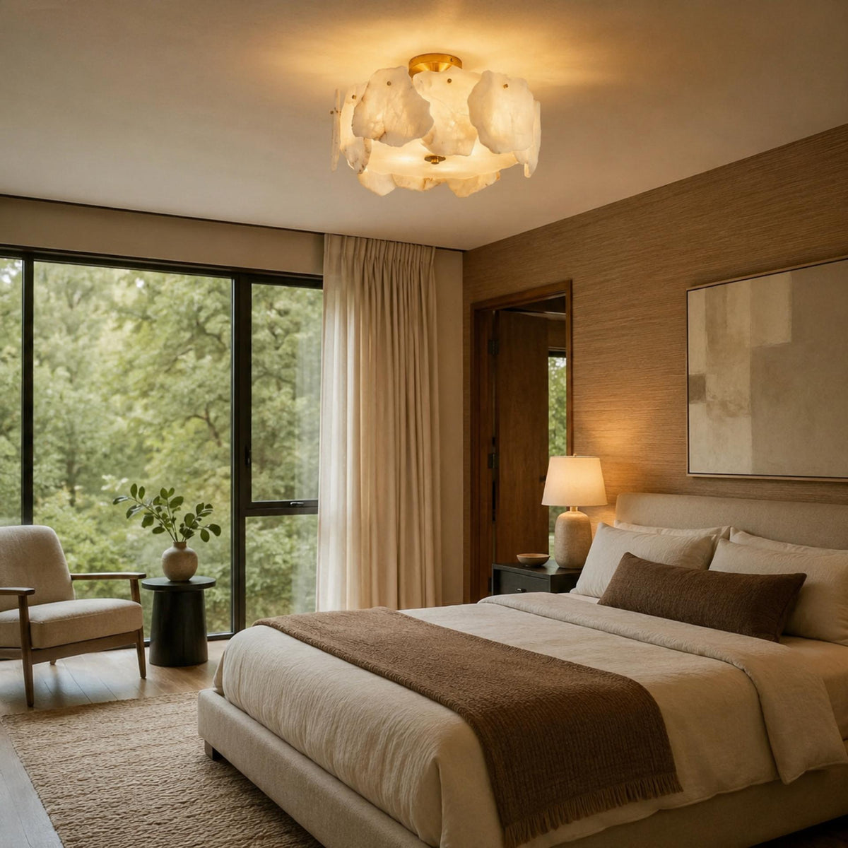Alabaster Petal Flush Mount Ceiling Light with Copper Base for Living Room 50 cm