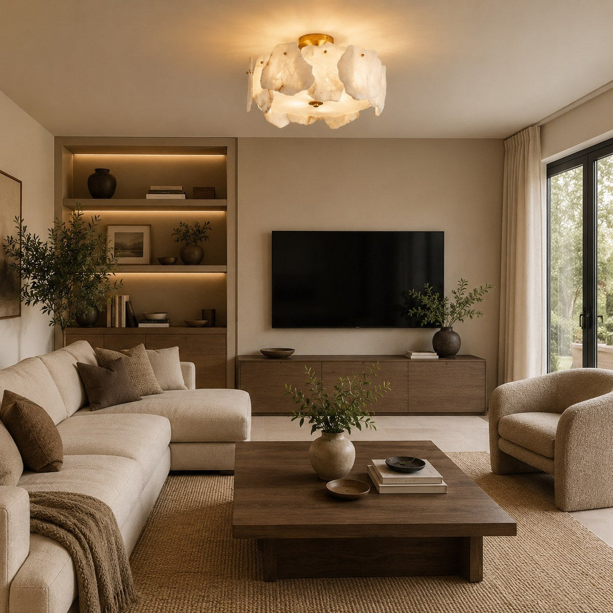 Alabaster Petal Flush Mount Ceiling Light with Copper Base for Living Room 50 cm