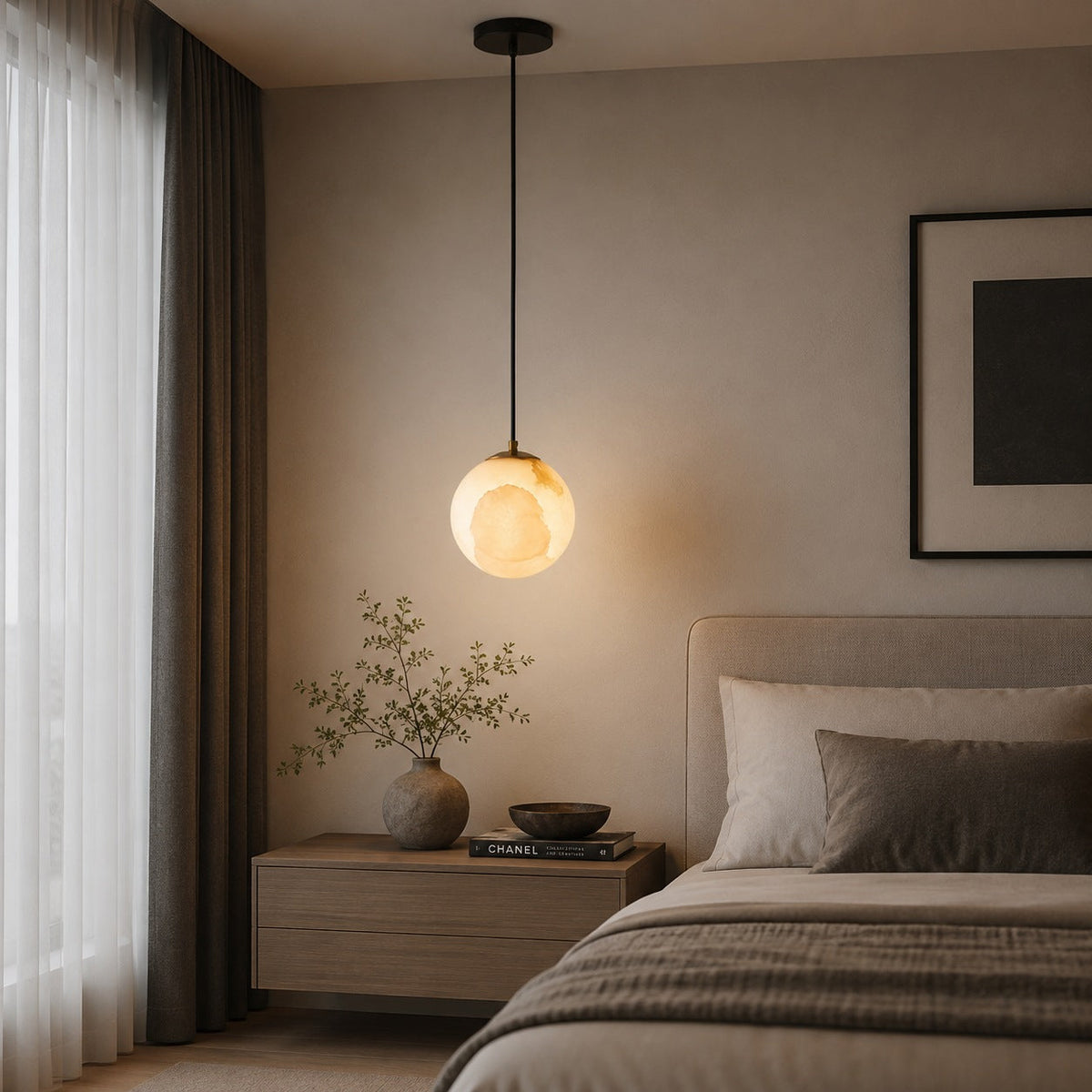 Alabaster Globe Mini Pendant Light Black or Brass Integrated LED for Bedside