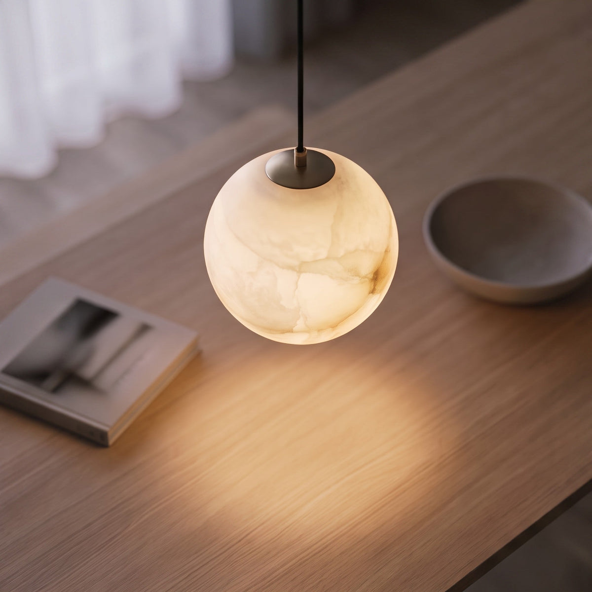 Alabaster Globe Mini Pendant Light Black or Brass Integrated LED for Bedside