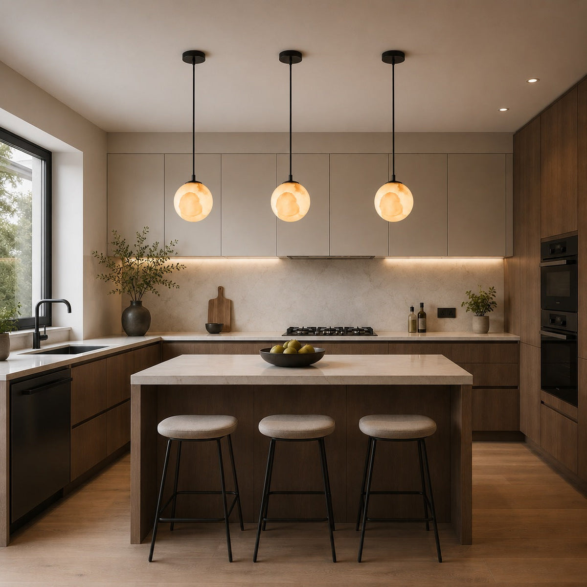Alabaster Globe Mini Pendant Light Black or Brass Integrated LED for Bedside