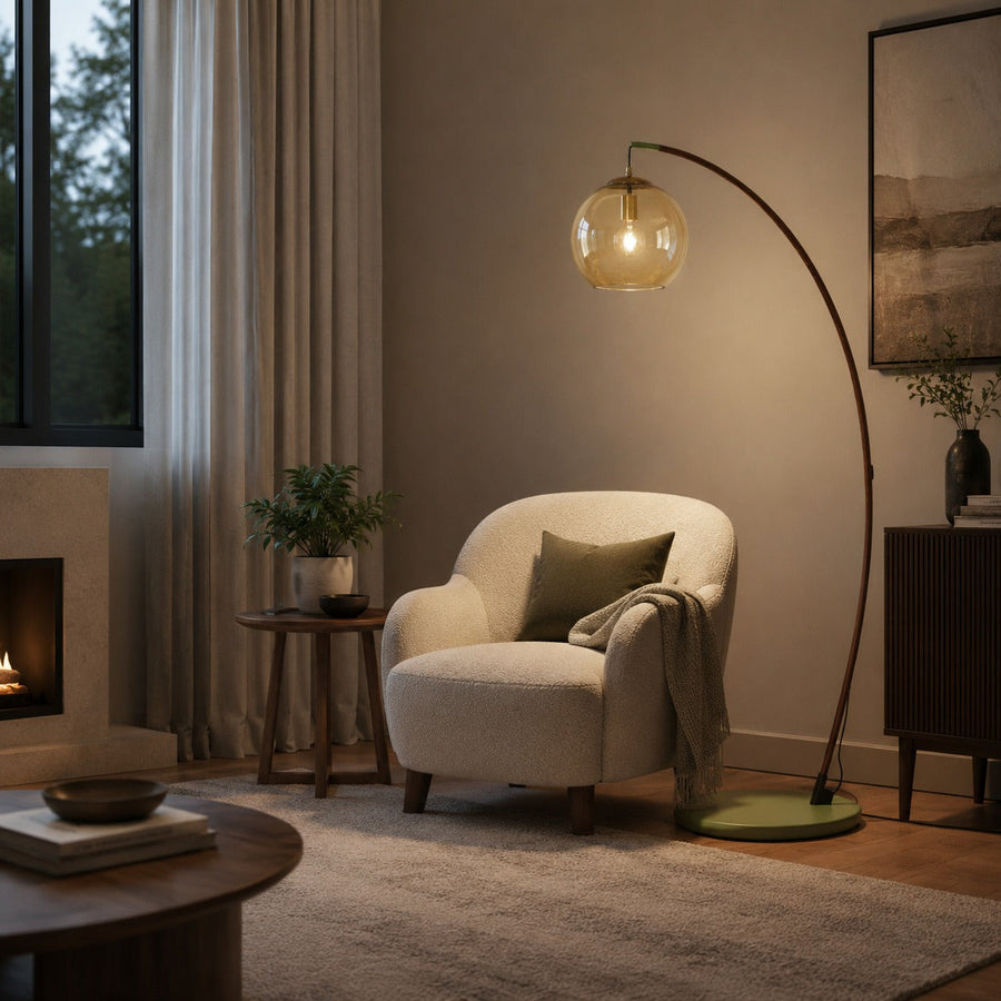 Sage Green & Honey Amber Arc Floor Lamp with Adjustable Metal Shade LED