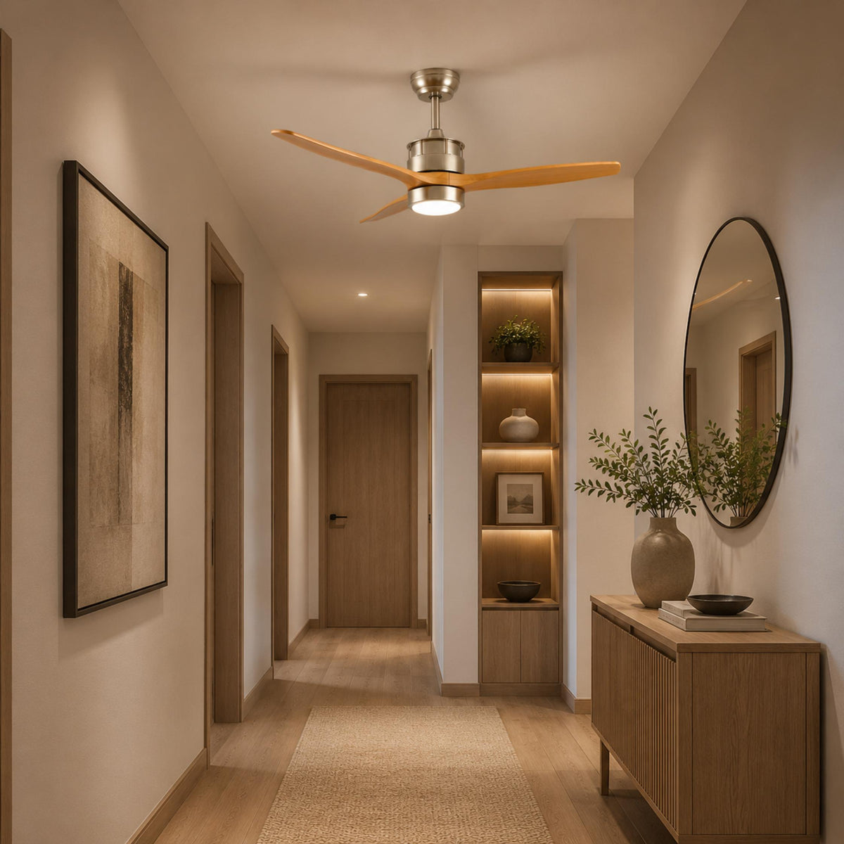 Three Blade Wood Ceiling Fan with Glass Shade LED Light Sand Nickel or Black