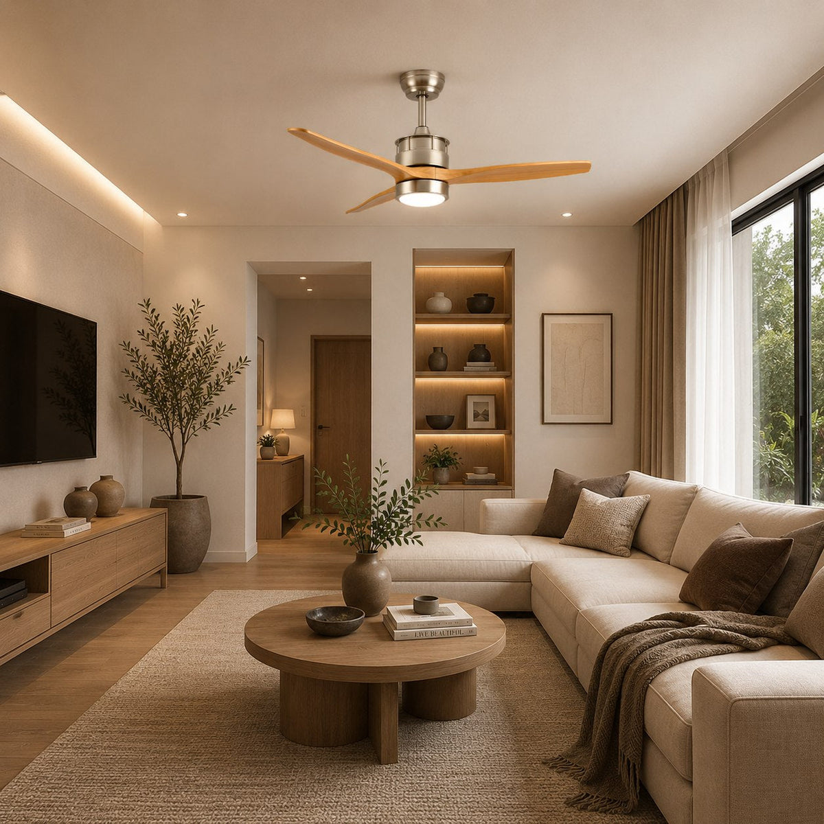 Three Blade Wood Ceiling Fan with Glass Shade LED Light Sand Nickel or Black