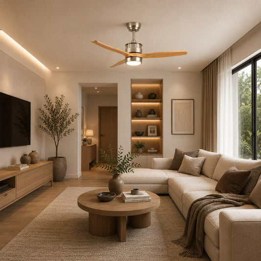 Three Blade Wood Ceiling Fan with Glass Shade LED Light Sand Nickel or Black