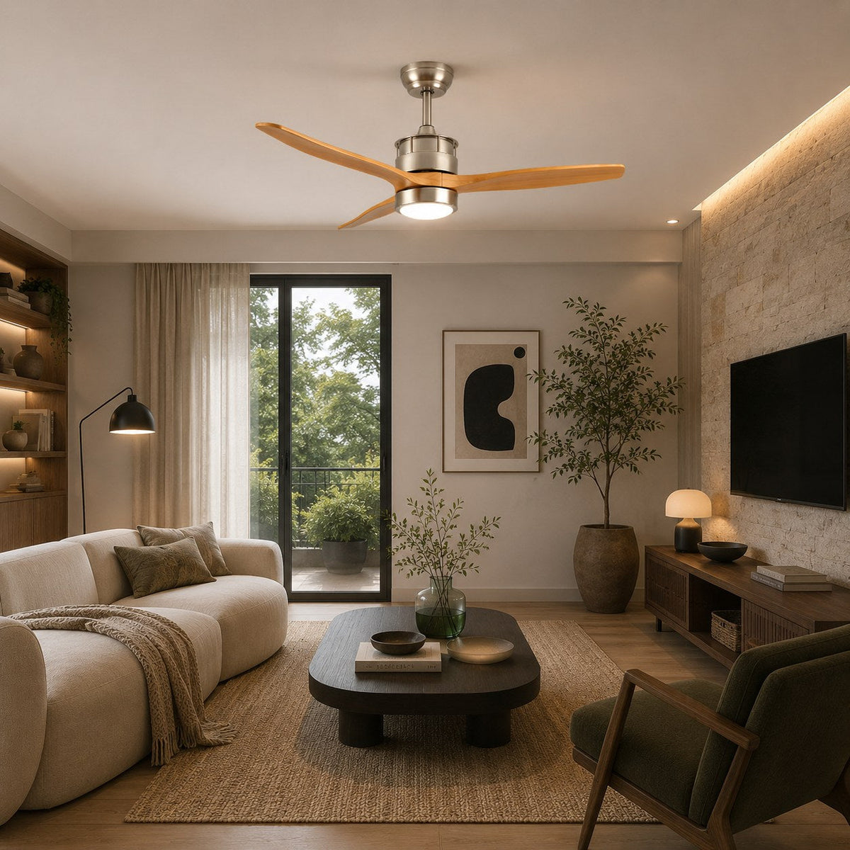 Three Blade Wood Ceiling Fan with Glass Shade LED Light Sand Nickel or Black