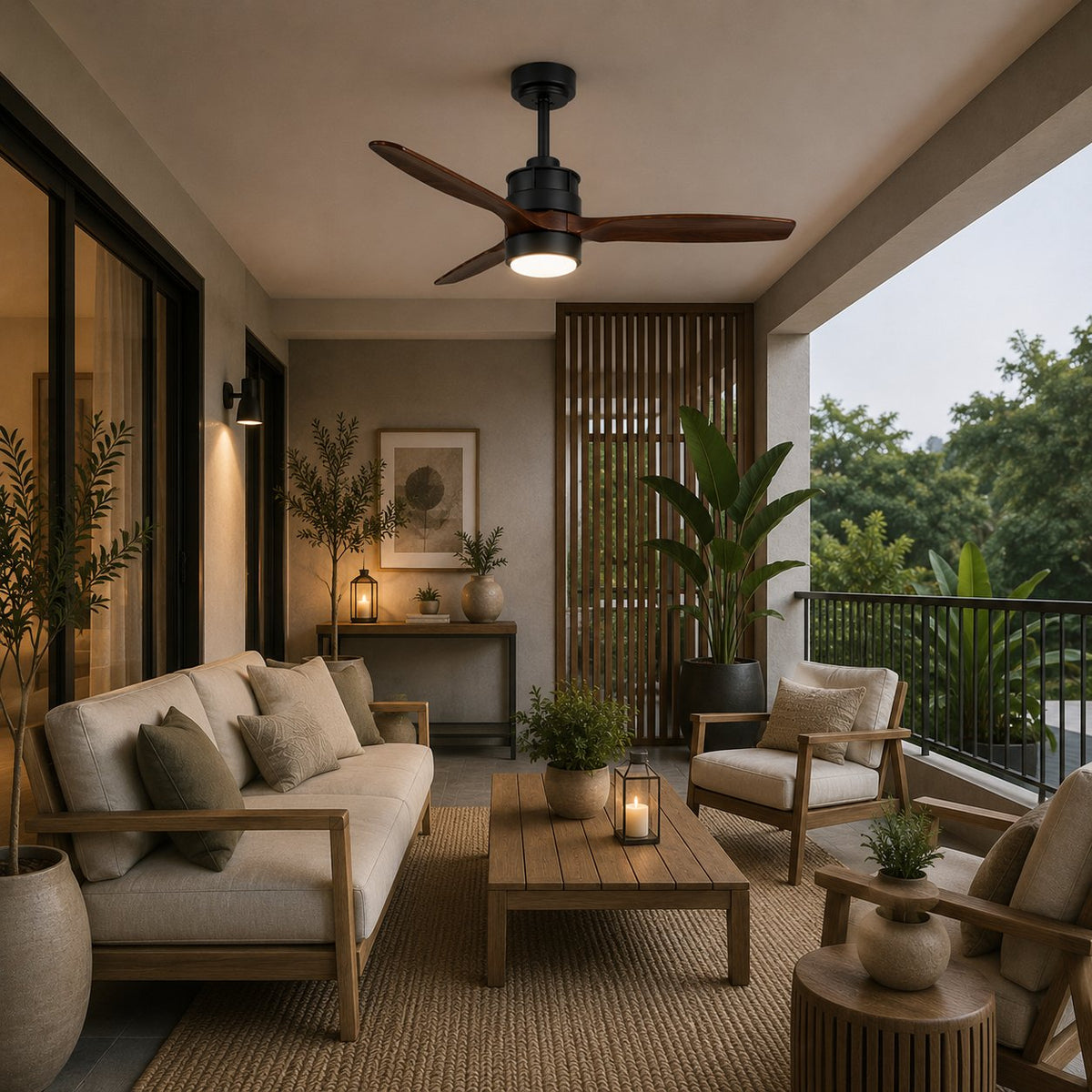Three Blade Wood Ceiling Fan with Glass Shade LED Light Sand Nickel or Black