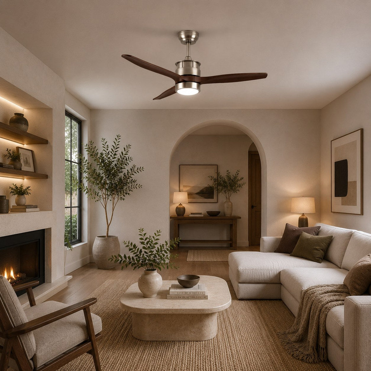 Three Blade Wood Ceiling Fan with Glass Shade LED Light Sand Nickel or Black