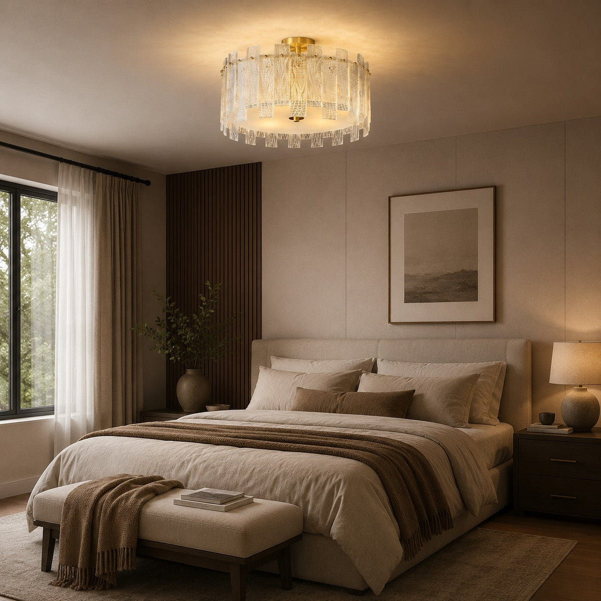 Textured Glass Panel Copper Ring Semi-Flush Ceiling Light 50 cm 50W