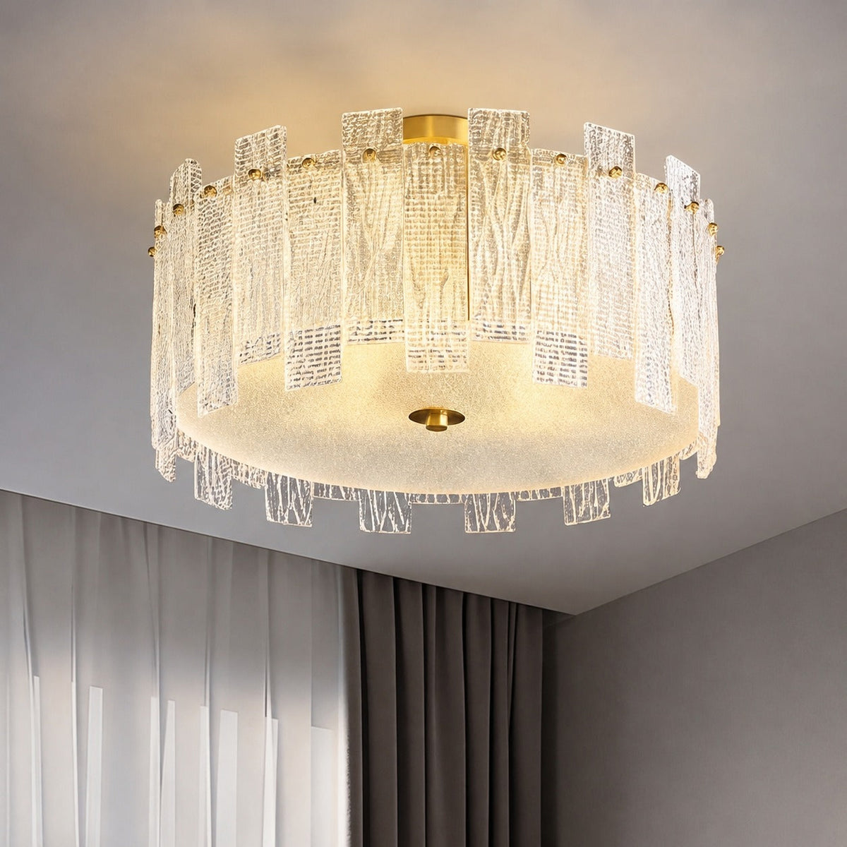 Textured Glass Panel Copper Ring Semi-Flush Ceiling Light 50 cm 50W