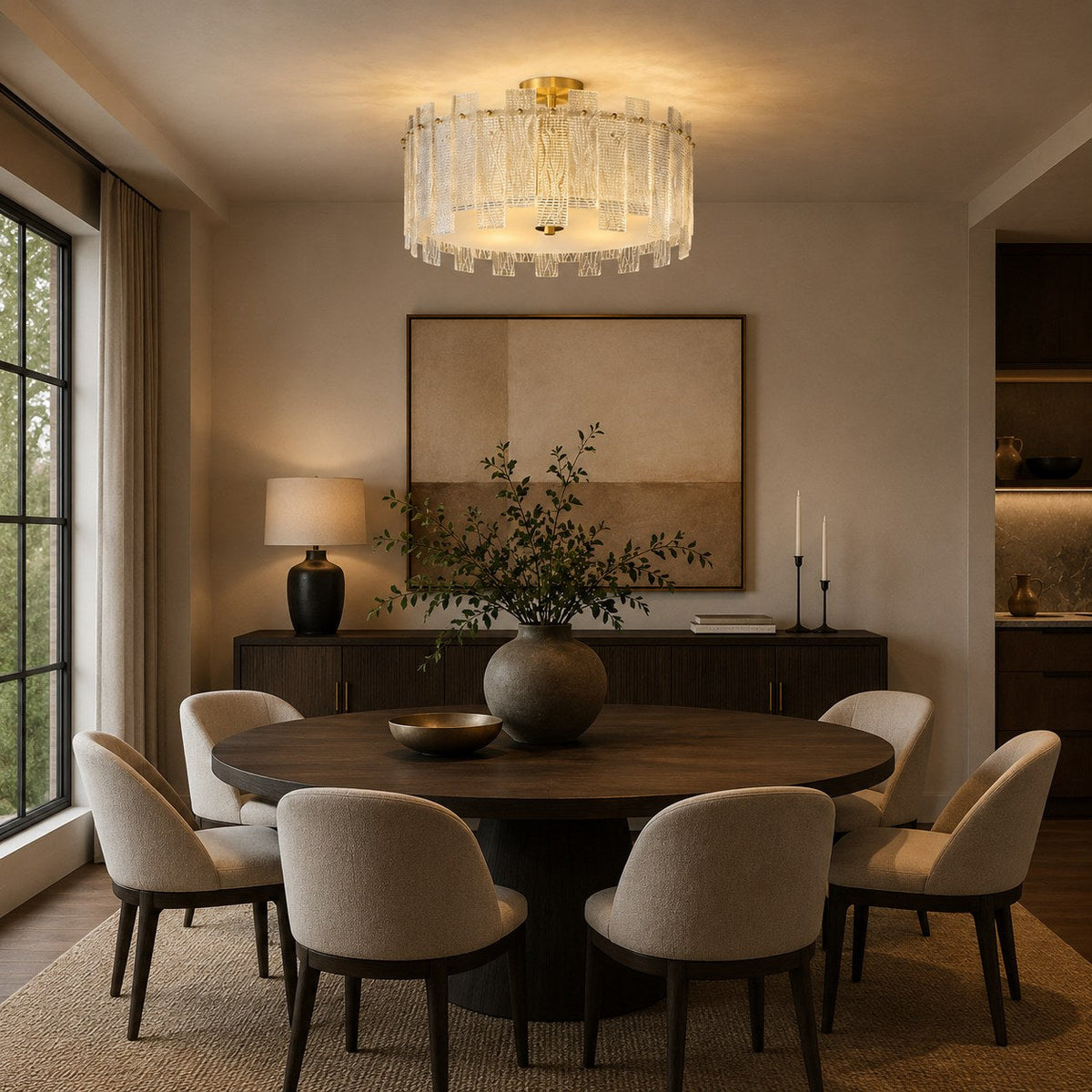 Textured Glass Panel Copper Ring Semi-Flush Ceiling Light 50 cm 50W