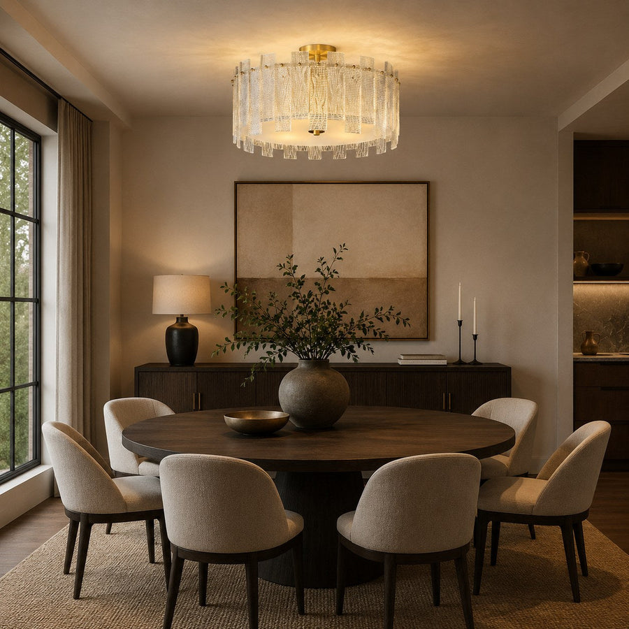 Textured Glass Panel Copper Ring Semi-Flush Ceiling Light 50 cm 50W