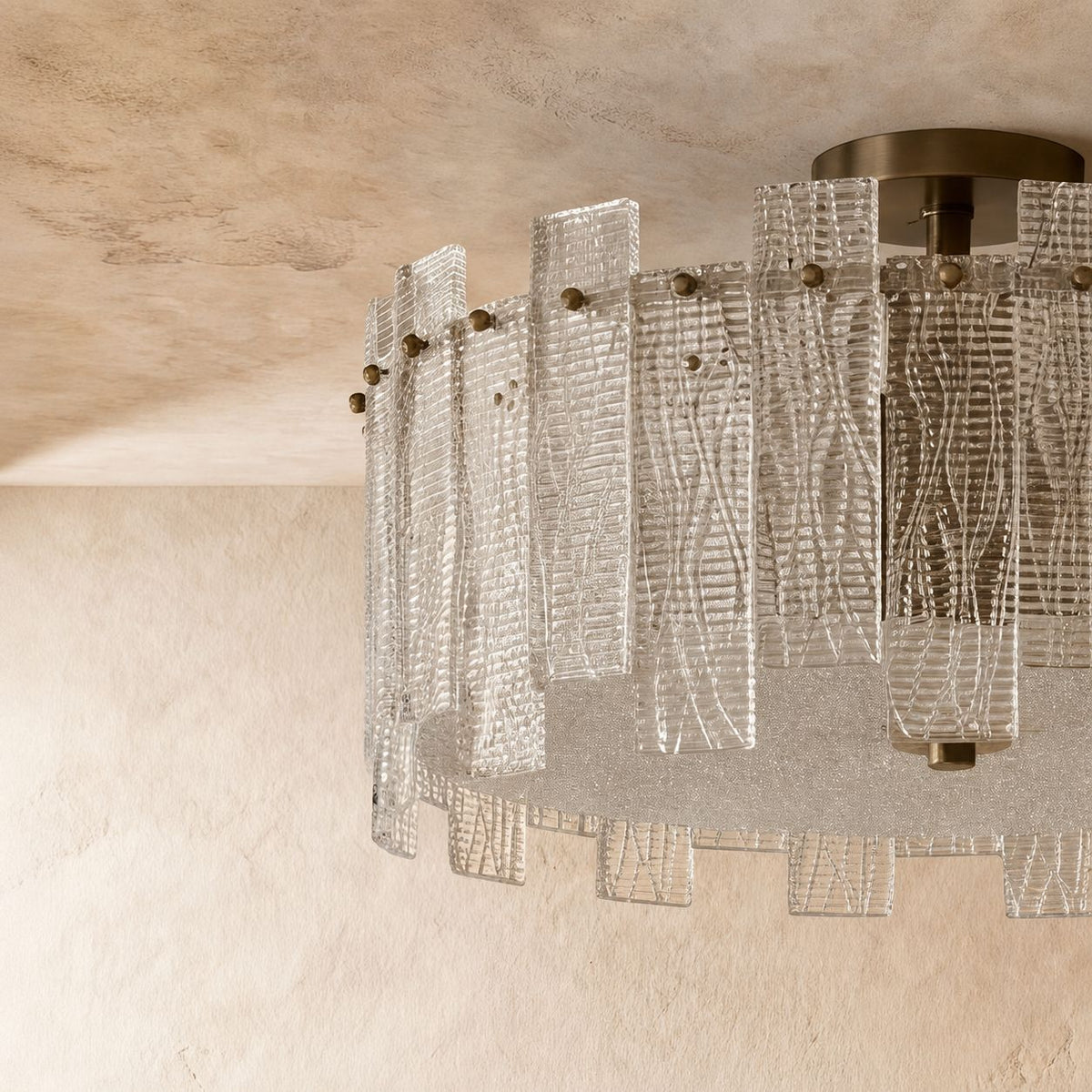 Textured Glass Panel Copper Ring Semi-Flush Ceiling Light 50 cm 50W