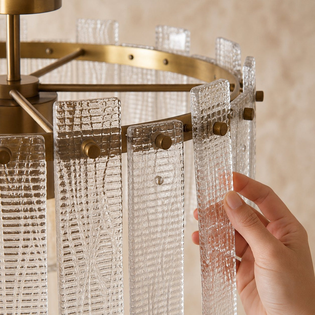 Textured Glass Panel Copper Ring Semi-Flush Ceiling Light 50 cm 50W