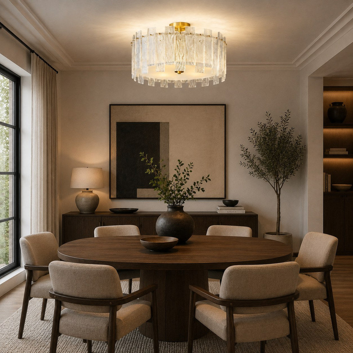 Textured Glass Panel Copper Ring Semi-Flush Ceiling Light 50 cm 50W