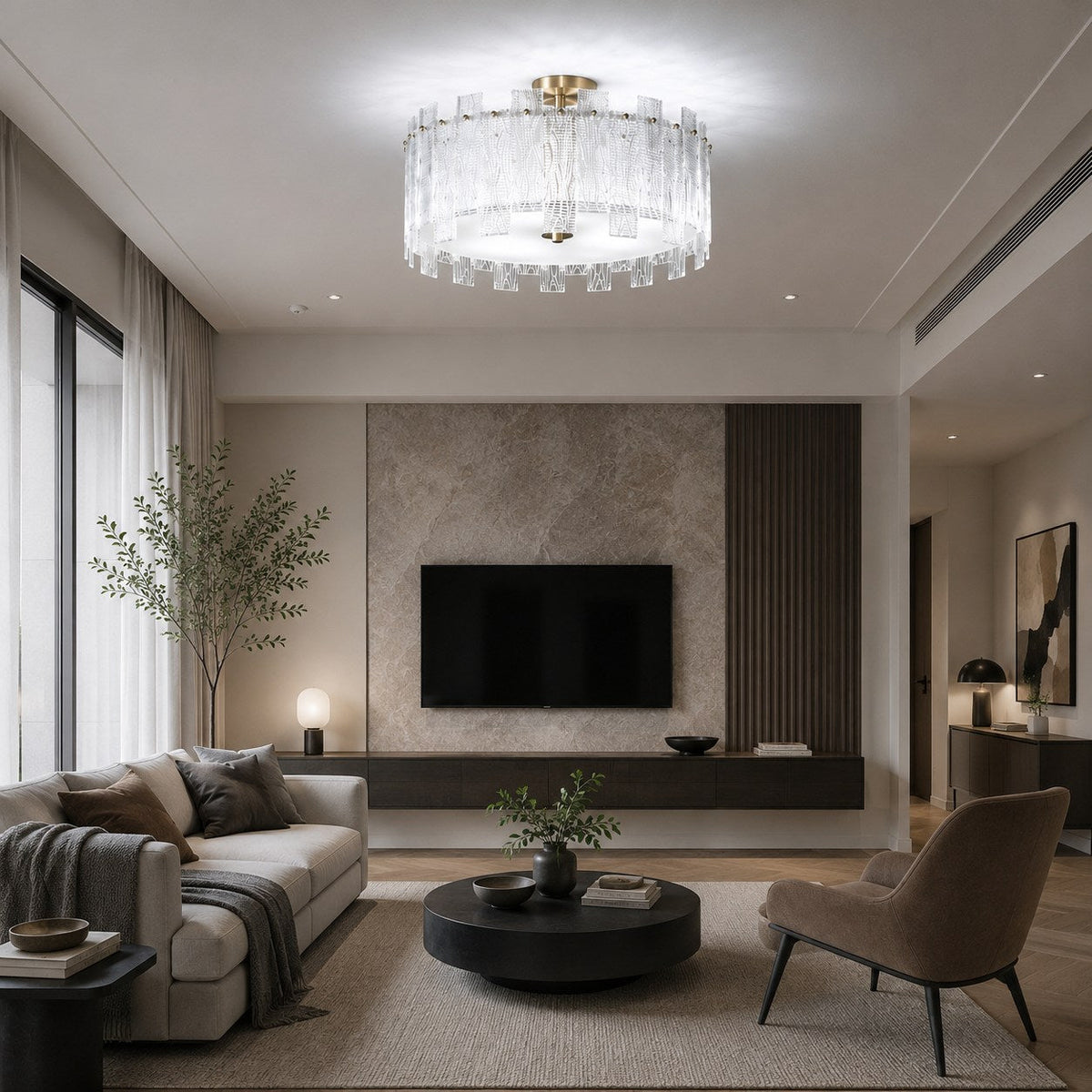 Textured Glass Panel Copper Ring Semi-Flush Ceiling Light 50 cm 50W