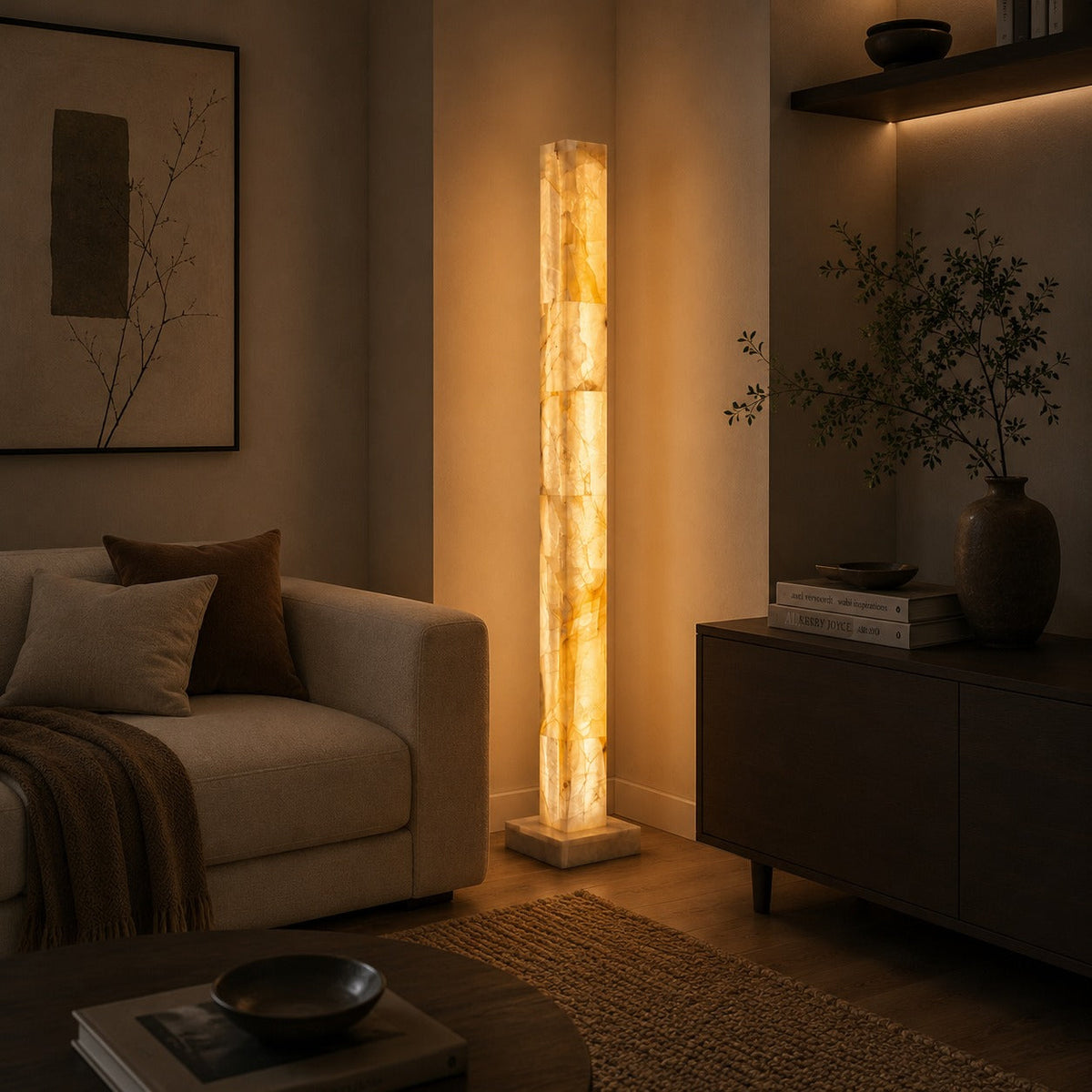 Alabaster Column Floor Lamp with Marble Base Integrated Warm LED 60 to 126 cm