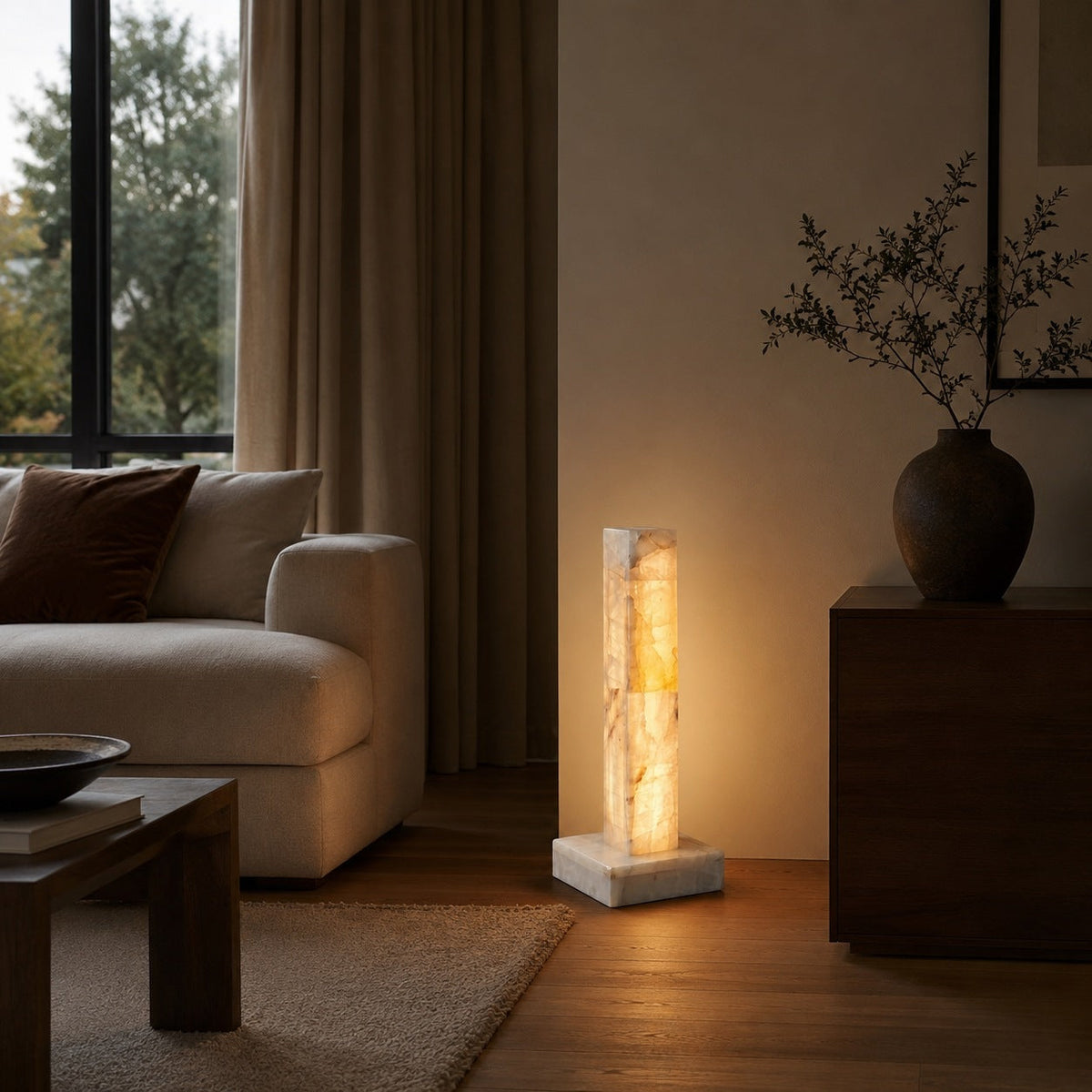 Alabaster Column Floor Lamp with Marble Base Integrated Warm LED 60 to 126 cm