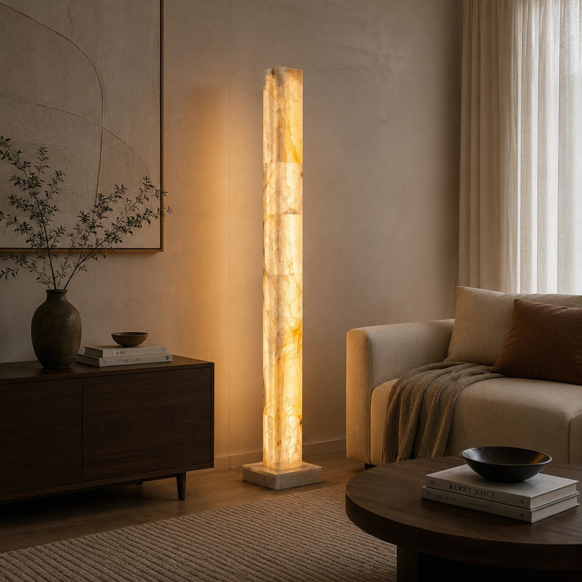 Alabaster Column Floor Lamp with Marble Base Integrated Warm LED 60 to 126 cm