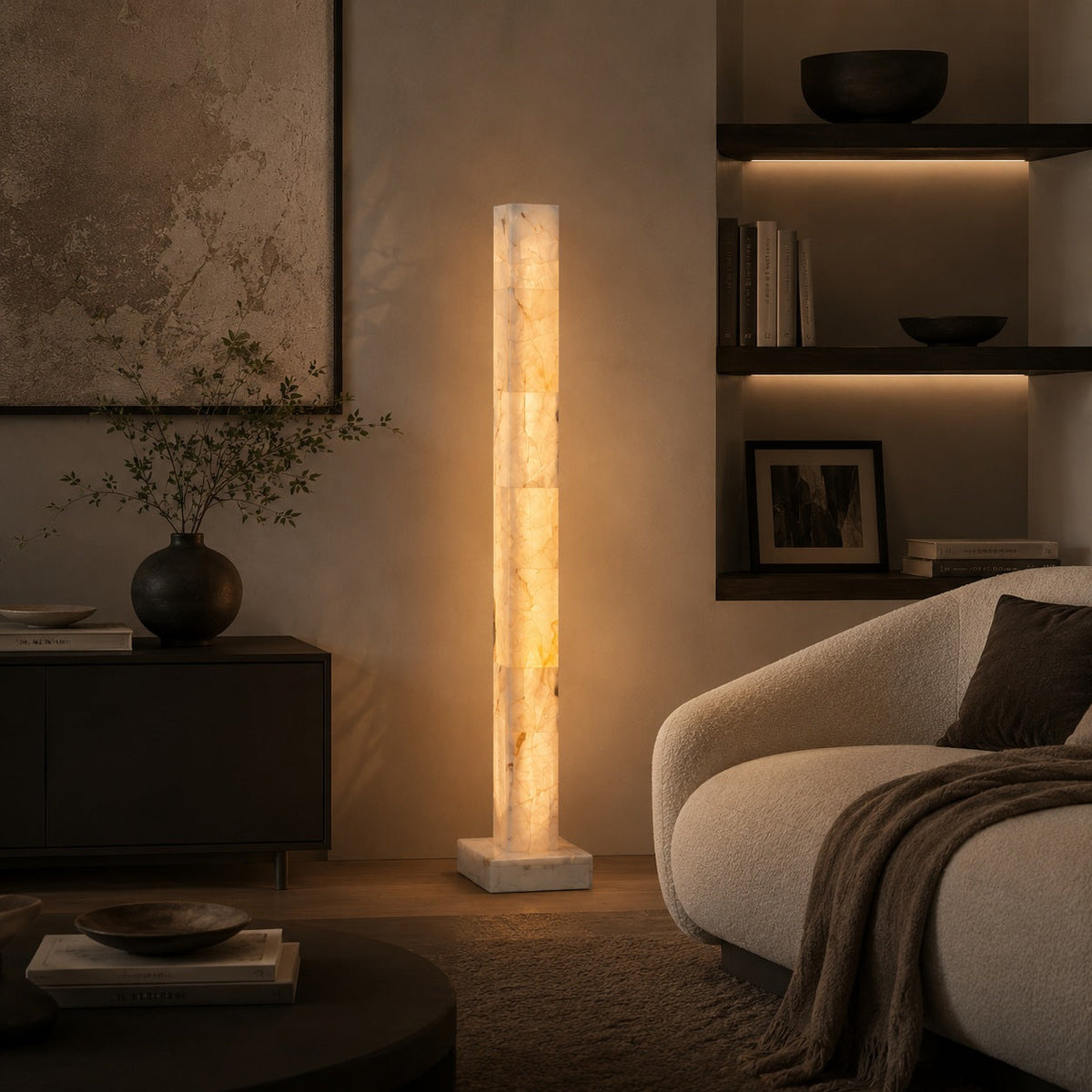 Alabaster Column Floor Lamp with Marble Base Integrated Warm LED 60 to 126 cm