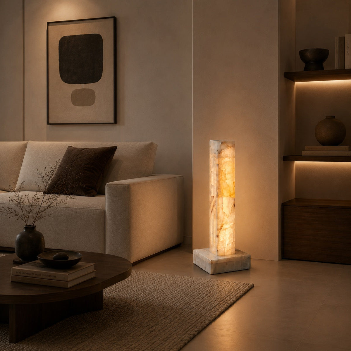 Alabaster Column Floor Lamp with Marble Base Integrated Warm LED 60 to 126 cm