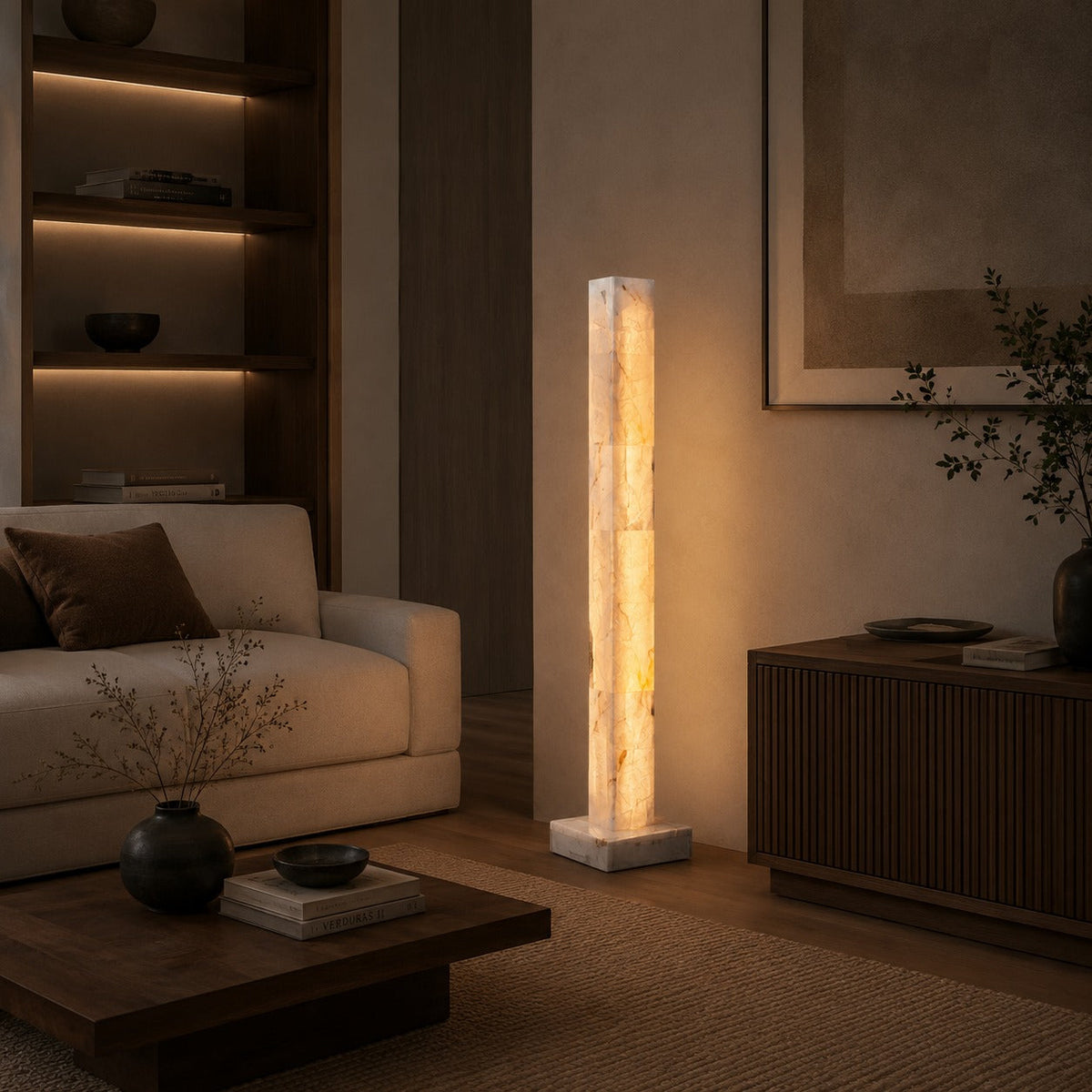 Alabaster Column Floor Lamp with Marble Base Integrated Warm LED 60 to 126 cm
