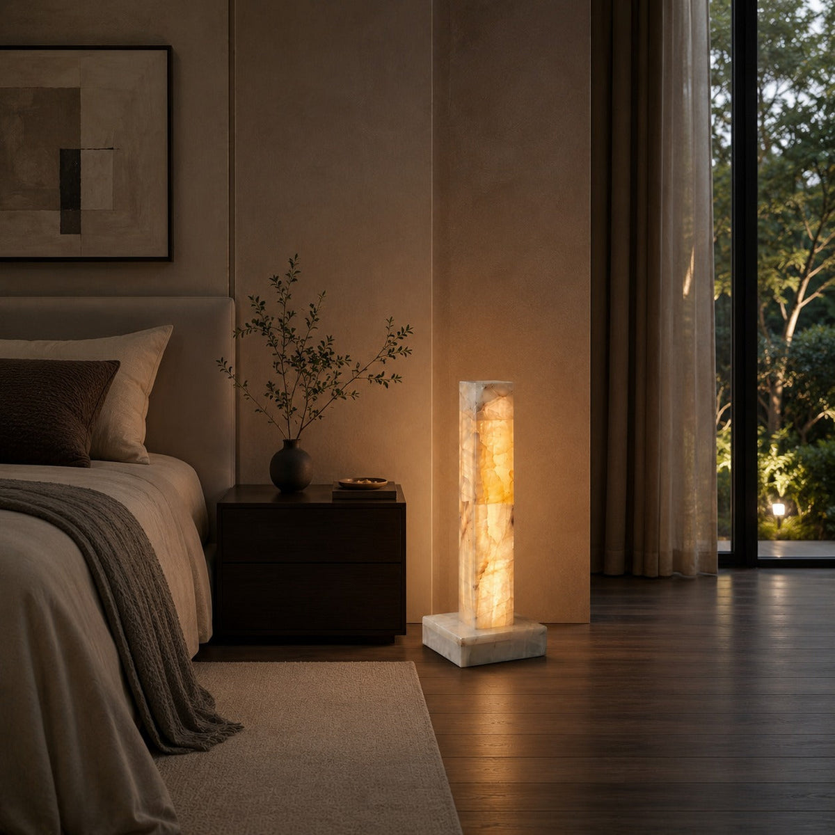 Alabaster Column Floor Lamp with Marble Base Integrated Warm LED 60 to 126 cm